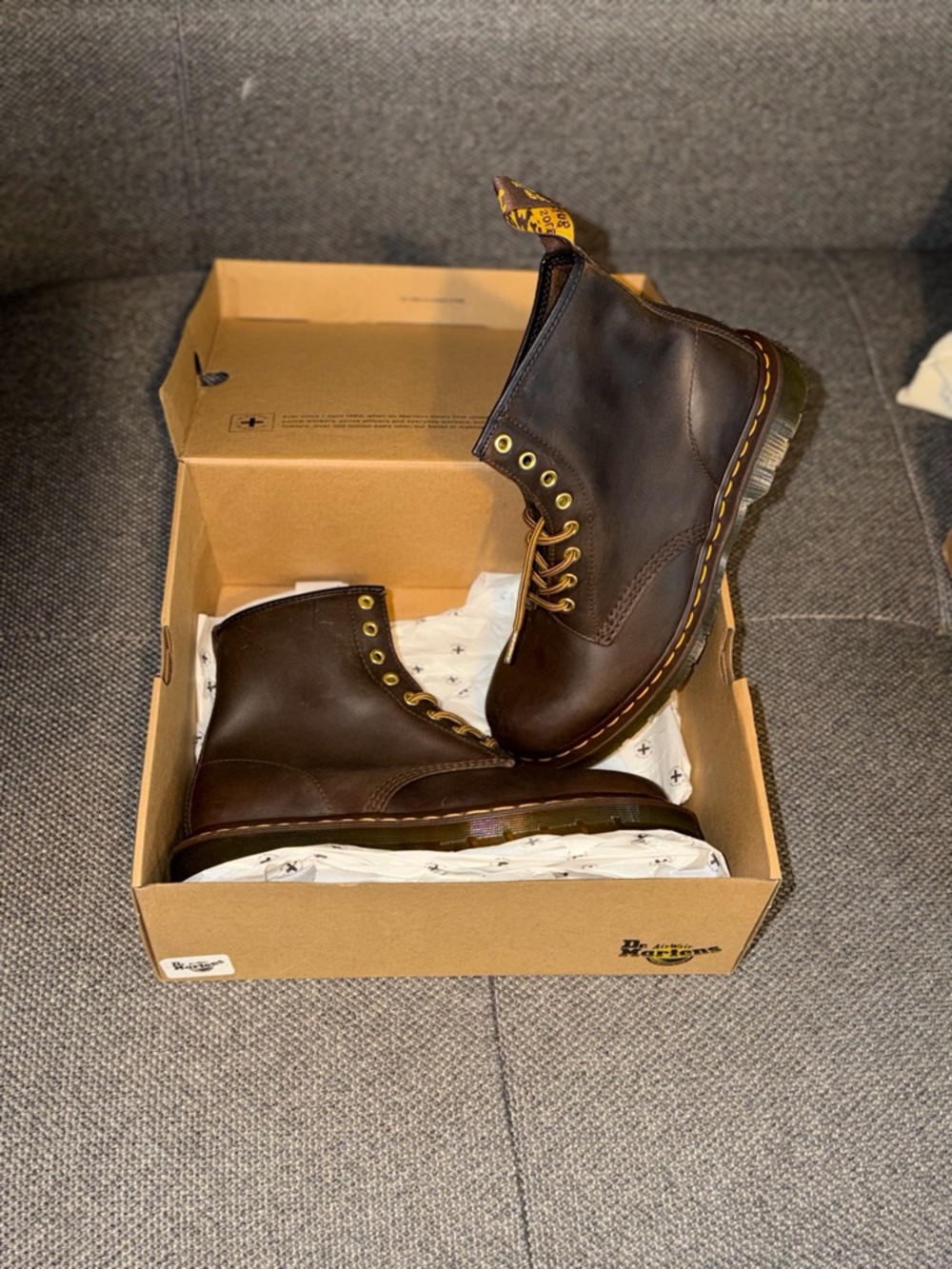 Dr. Martens Men's Dark Brown 6-Eye Leather Boots with Yellow Stitching - Picture 3 of 3